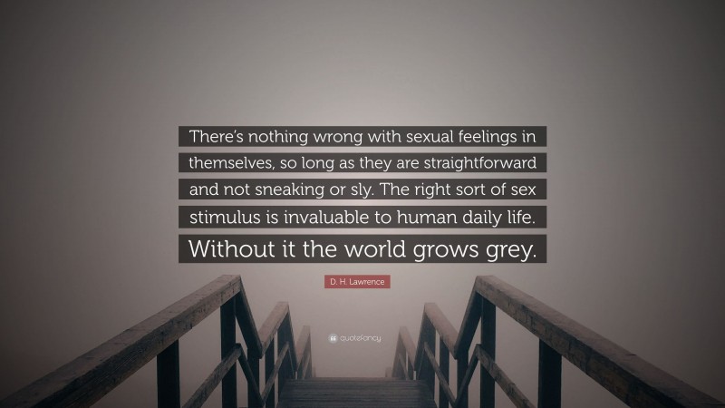 D. H. Lawrence Quote: “There’s nothing wrong with sexual feelings in themselves, so long as they are straightforward and not sneaking or sly. The right sort of sex stimulus is invaluable to human daily life. Without it the world grows grey.”
