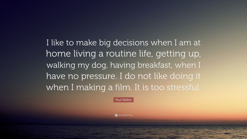 Paul Walker Quote: “I like to make big decisions when I am at home living a routine life, getting up, walking my dog, having breakfast, when I have no pressure. I do not like doing it when I making a film. It is too stressful.”