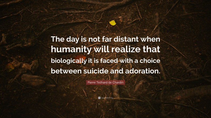 Pierre Teilhard de Chardin Quote: “The day is not far distant when humanity will realize that biologically it is faced with a choice between suicide and adoration.”