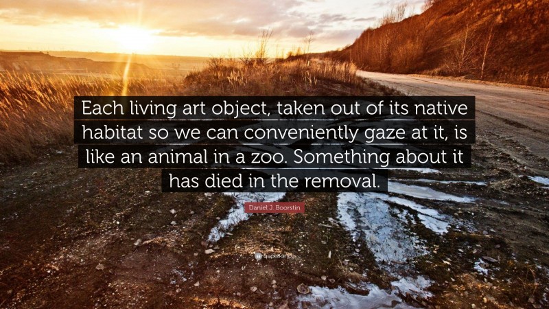 Daniel J. Boorstin Quote: “Each living art object, taken out of its native habitat so we can conveniently gaze at it, is like an animal in a zoo. Something about it has died in the removal.”