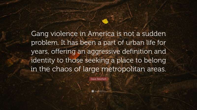 Dave Reichert Quote: “Gang violence in America is not a sudden problem. It has been a part of urban life for years, offering an aggressive definition and identity to those seeking a place to belong in the chaos of large metropolitan areas.”