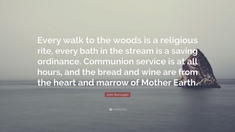 John Burroughs Quote: “Every walk to the woods is a religious rite, every bath in the stream is a saving ordinance. Communion service is at all hours, and the bread and wine are from the heart and marrow of Mother Earth.”