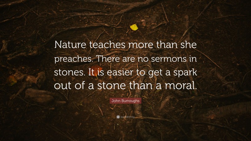 John Burroughs Quote: “Nature teaches more than she preaches. There are no sermons in stones. It is easier to get a spark out of a stone than a moral.”