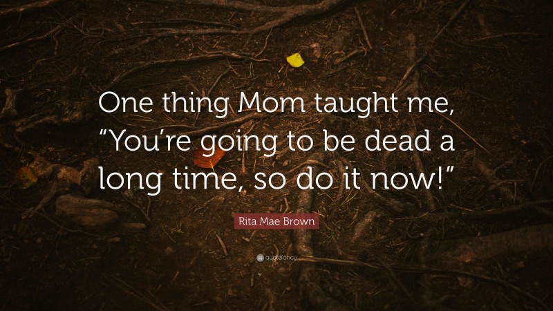 Rita Mae Brown Quote: “One thing Mom taught me, “You’re going to be dead a long time, so do it now!””