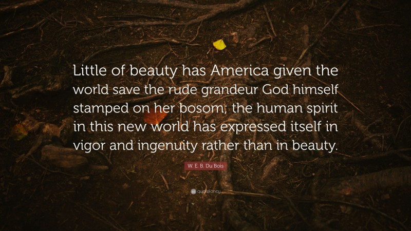 W. E. B. Du Bois Quote: “Little of beauty has America given the world save the rude grandeur God himself stamped on her bosom; the human spirit in this new world has expressed itself in vigor and ingenuity rather than in beauty.”