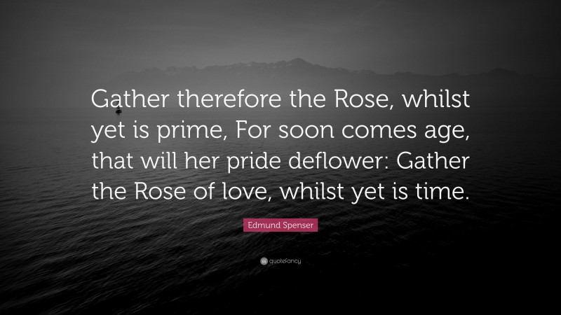 Edmund Spenser Quote: “Gather therefore the Rose, whilst yet is prime, For soon comes age, that will her pride deflower: Gather the Rose of love, whilst yet is time.”