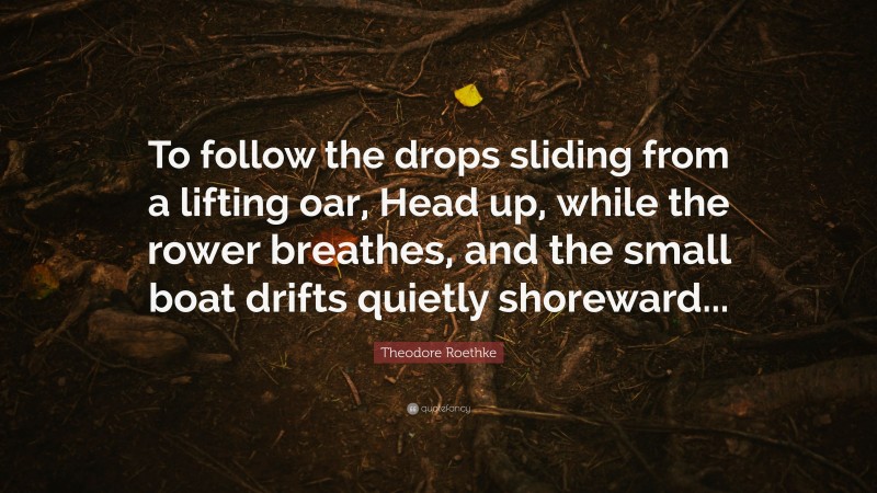 Theodore Roethke Quote: “To follow the drops sliding from a lifting oar, Head up, while the rower breathes, and the small boat drifts quietly shoreward...”