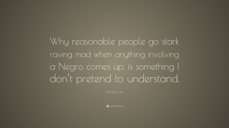 Harper Lee Quote: “Why reasonable people go stark raving mad when anything involving a Negro comes up, is something I don’t pretend to understand.”