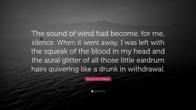 David Foster Wallace Quote: “The sound of wind had become, for me, silence. When it went away, I was left with the squeak of the blood in my head and the aural glitter of all those little eardrum hairs quivering like a drunk in withdrawal.”