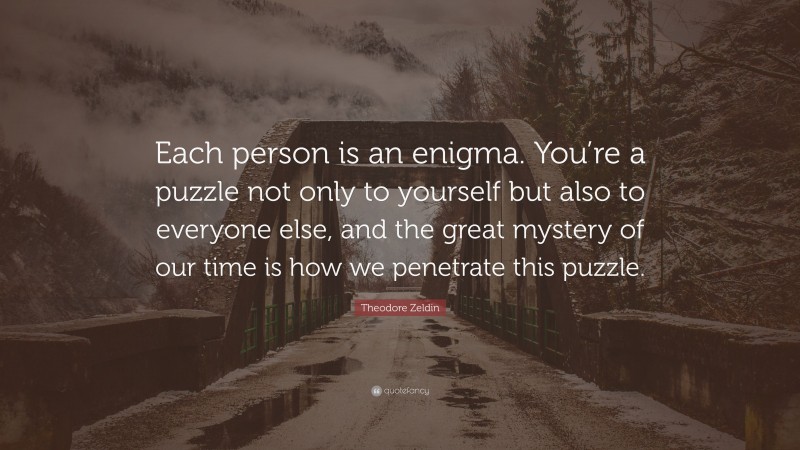 Theodore Zeldin Quote: “Each person is an enigma. You’re a puzzle not only to yourself but also to everyone else, and the great mystery of our time is how we penetrate this puzzle.”