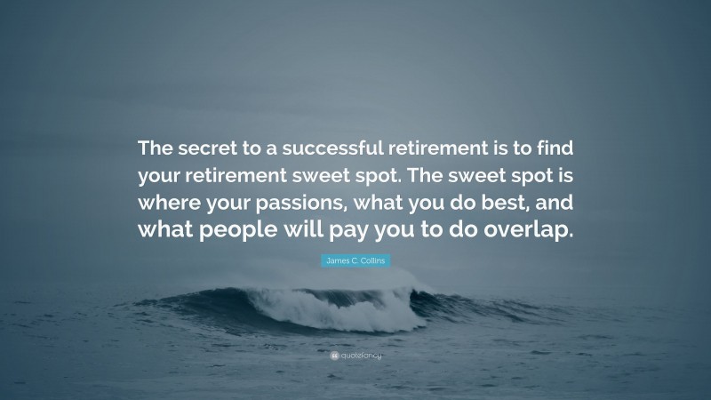 James C. Collins Quote: “The secret to a successful retirement is to find your retirement sweet spot. The sweet spot is where your passions, what you do best, and what people will pay you to do overlap.”