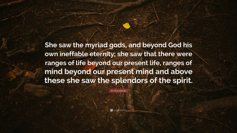Sri Aurobindo Quote: “She saw the myriad gods, and beyond God his own ineffable eternity; she saw that there were ranges of life beyond our present life, ranges of mind beyond our present mind and above these she saw the splendors of the spirit.”