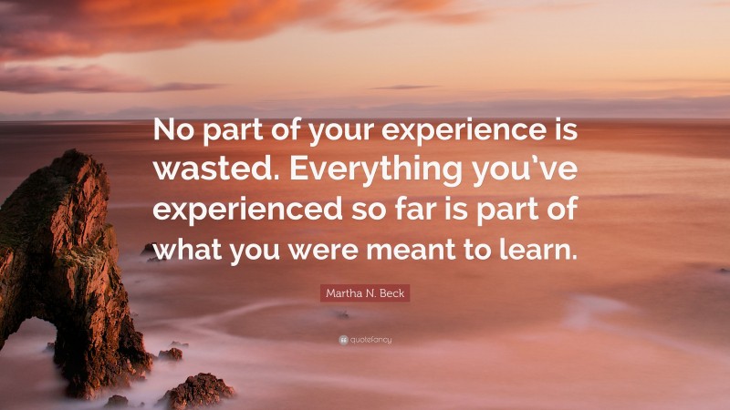 Martha N. Beck Quote: “No part of your experience is wasted. Everything you’ve experienced so far is part of what you were meant to learn.”