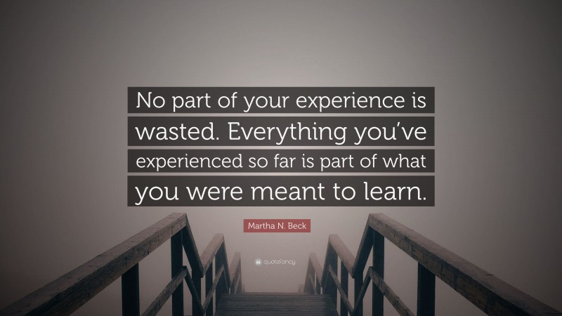 Martha N. Beck Quote: “No part of your experience is wasted. Everything you’ve experienced so far is part of what you were meant to learn.”