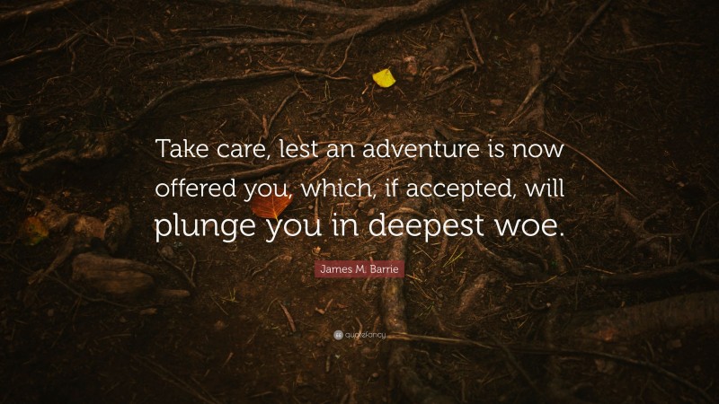 James M. Barrie Quote: “Take care, lest an adventure is now offered you, which, if accepted, will plunge you in deepest woe.”