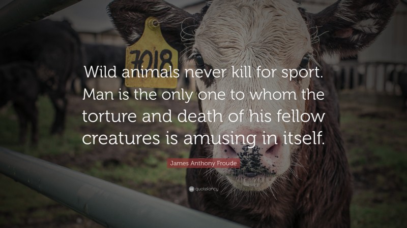 James Anthony Froude Quote: “Wild animals never kill for sport. Man is the only one to whom the torture and death of his fellow creatures is amusing in itself.”