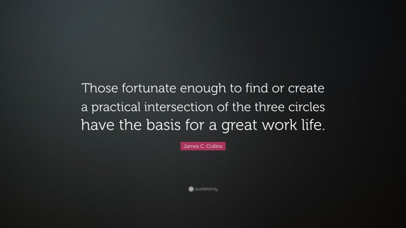 James C. Collins Quote: “Those fortunate enough to find or create a practical intersection of the three circles have the basis for a great work life.”
