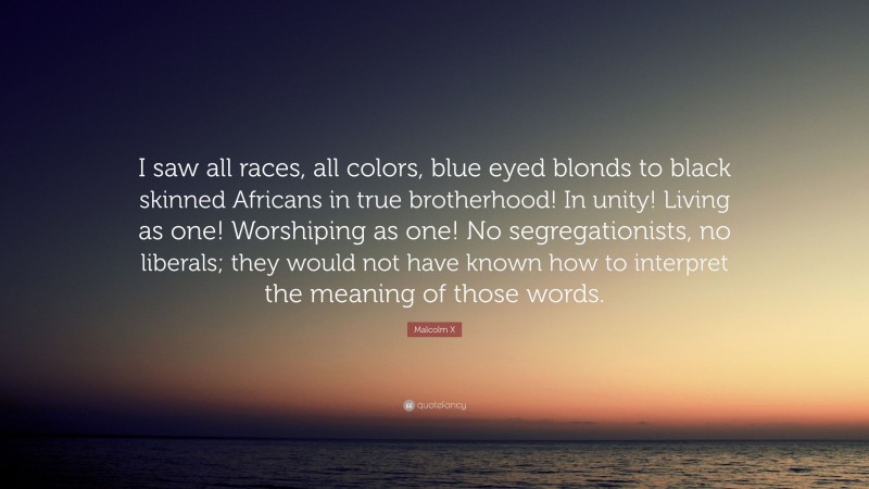 Malcolm X Quote: “I saw all races, all colors, blue eyed blonds to black skinned Africans in true brotherhood! In unity! Living as one! Worshiping as one! No segregationists, no liberals; they would not have known how to interpret the meaning of those words.”