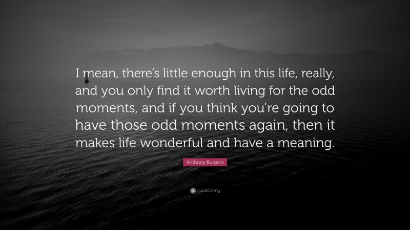 Anthony Burgess Quote: “I mean, there’s little enough in this life, really, and you only find it worth living for the odd moments, and if you think you’re going to have those odd moments again, then it makes life wonderful and have a meaning.”