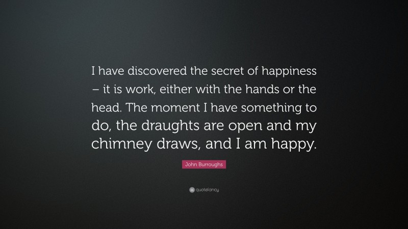 John Burroughs Quote: “I have discovered the secret of happiness – it is work, either with the hands or the head. The moment I have something to do, the draughts are open and my chimney draws, and I am happy.”