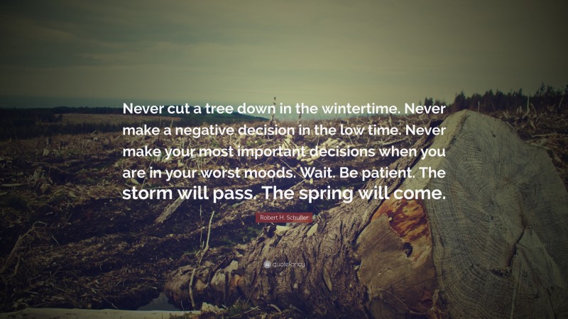 Robert H. Schuller Quote: “Never cut a tree down in the wintertime. Never make a negative decision in the low time. Never make your most important decisions when you are in your worst moods. Wait. Be patient. The storm will pass. The spring will come.”