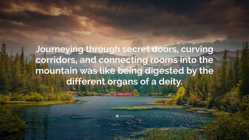 Alex Grey Quote: “Journeying through secret doors, curving corridors, and connecting rooms into the mountain was like being digested by the different organs of a deity.”