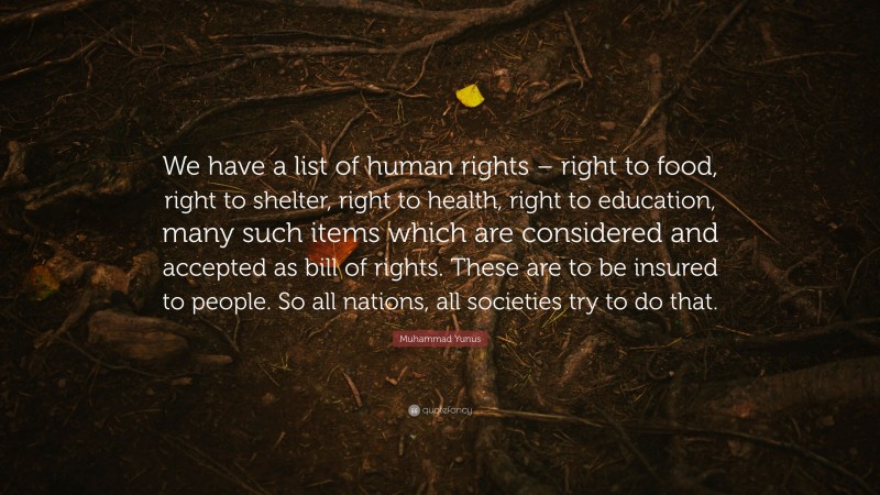 Muhammad Yunus Quote: “We have a list of human rights – right to food, right to shelter, right to health, right to education, many such items which are considered and accepted as bill of rights. These are to be insured to people. So all nations, all societies try to do that.”