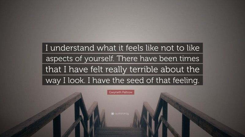 Gwyneth Paltrow Quote: “I understand what it feels like not to like aspects of yourself. There have been times that I have felt really terrible about the way I look. I have the seed of that feeling.”