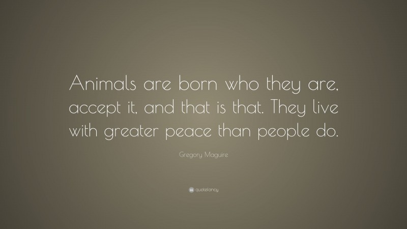 Gregory Maguire Quote: “Animals are born who they are, accept it, and that is that. They live with greater peace than people do.”