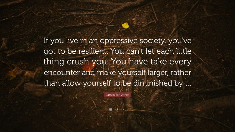 James Earl Jones Quote: “If you live in an oppressive society, you’ve got to be resilient. You can’t let each little thing crush you. You have take every encounter and make yourself larger, rather than allow yourself to be diminished by it.”