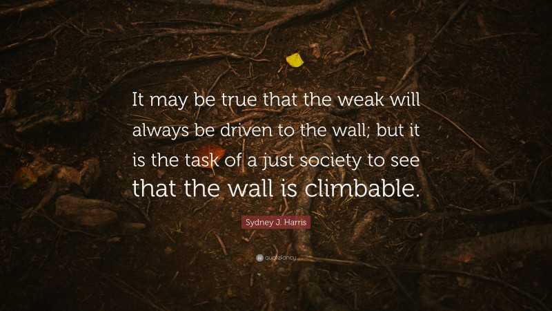 Sydney J. Harris Quote: “It may be true that the weak will always be driven to the wall; but it is the task of a just society to see that the wall is climbable.”