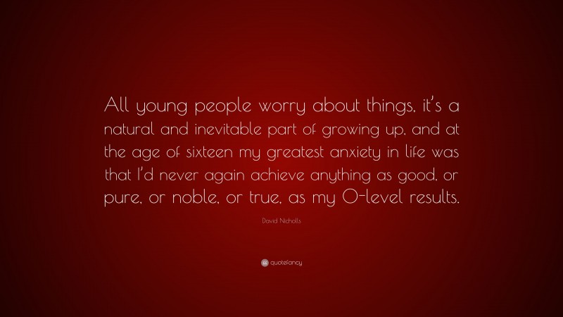 David Nicholls Quote: “All young people worry about things, it’s a natural and inevitable part of growing up, and at the age of sixteen my greatest anxiety in life was that I’d never again achieve anything as good, or pure, or noble, or true, as my O-level results.”