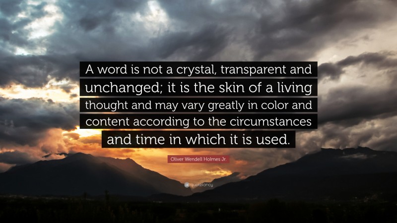 Oliver Wendell Holmes Jr. Quote: “A word is not a crystal, transparent and unchanged; it is the skin of a living thought and may vary greatly in color and content according to the circumstances and time in which it is used.”