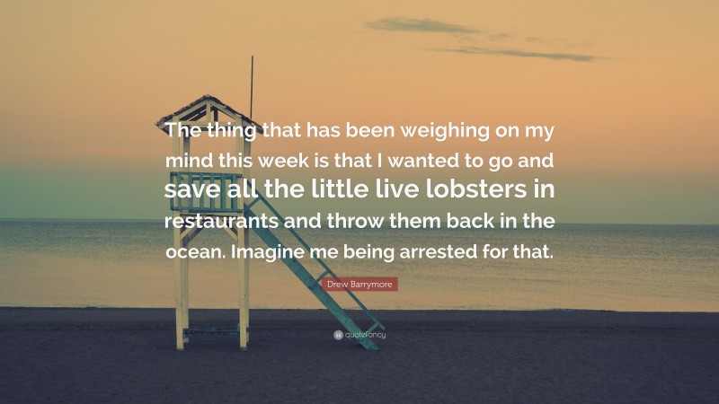 Drew Barrymore Quote: “The thing that has been weighing on my mind this week is that I wanted to go and save all the little live lobsters in restaurants and throw them back in the ocean. Imagine me being arrested for that.”