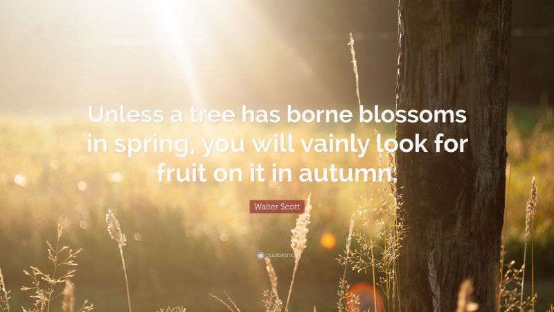 Walter Scott Quote: “Unless a tree has borne blossoms in spring, you will vainly look for fruit on it in autumn.”