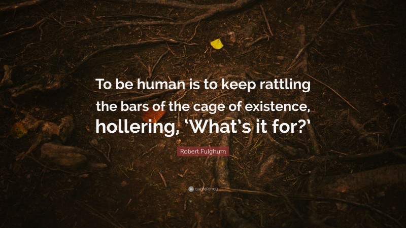 Robert Fulghum Quote: “To be human is to keep rattling the bars of the cage of existence, hollering, ‘What’s it for?’”