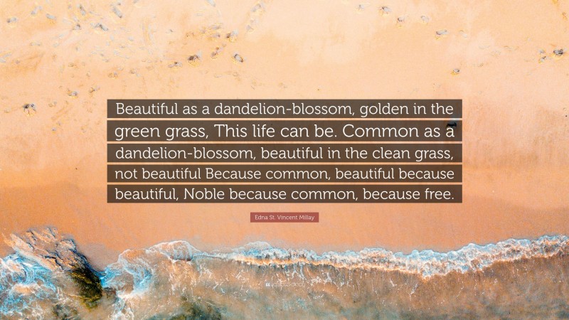 Edna St. Vincent Millay Quote: “Beautiful as a dandelion-blossom, golden in the green grass, This life can be. Common as a dandelion-blossom, beautiful in the clean grass, not beautiful Because common, beautiful because beautiful, Noble because common, because free.”