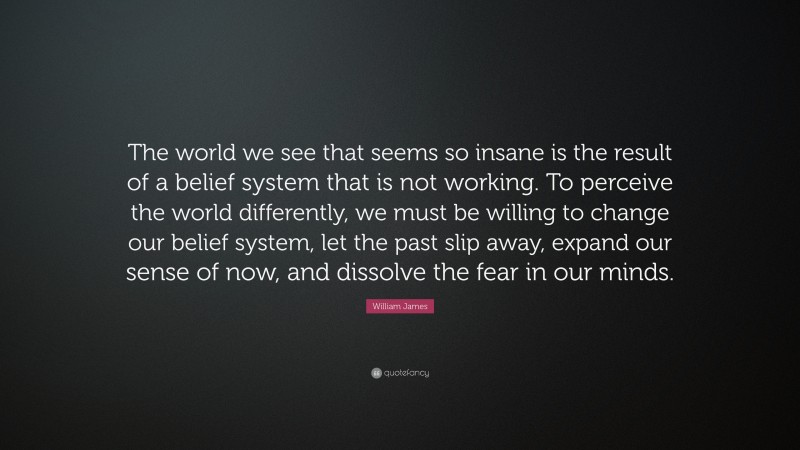 William James Quote: “The world we see that seems so insane is the result of a belief system that is not working. To perceive the world differently, we must be willing to change our belief system, let the past slip away, expand our sense of now, and dissolve the fear in our minds.”