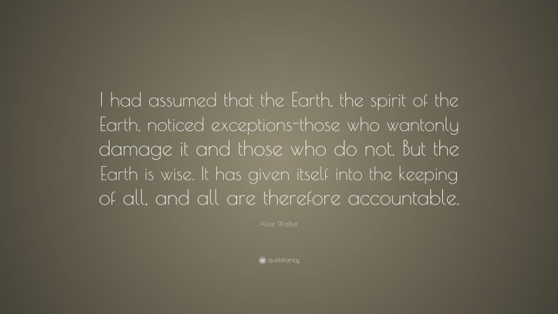 Alice Walker Quote: “I had assumed that the Earth, the spirit of the Earth, noticed exceptions-those who wantonly damage it and those who do not. But the Earth is wise. It has given itself into the keeping of all, and all are therefore accountable.”