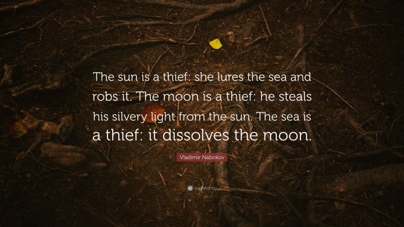Vladimir Nabokov Quote: “The sun is a thief: she lures the sea and robs it. The moon is a thief: he steals his silvery light from the sun. The sea is a thief: it dissolves the moon.”