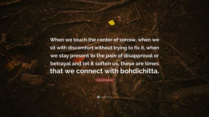 Pema Chödrön Quote: “When we touch the center of sorrow, when we sit with discomfort without trying to fix it, when we stay present to the pain of disapproval or betrayal and let it soften us, these are times that we connect with bohdichitta.”