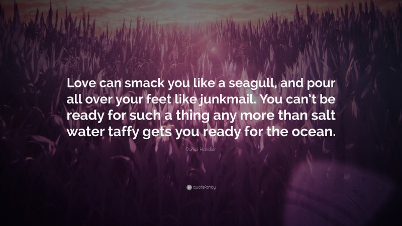 Daniel Handler Quote: “Love can smack you like a seagull, and pour all over your feet like junkmail. You can’t be ready for such a thing any more than salt water taffy gets you ready for the ocean.”