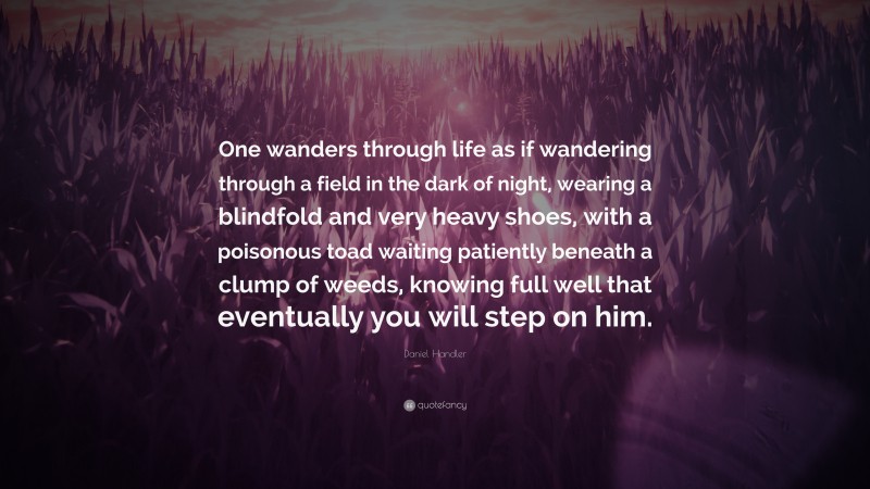 Daniel Handler Quote: “One wanders through life as if wandering through a field in the dark of night, wearing a blindfold and very heavy shoes, with a poisonous toad waiting patiently beneath a clump of weeds, knowing full well that eventually you will step on him.”
