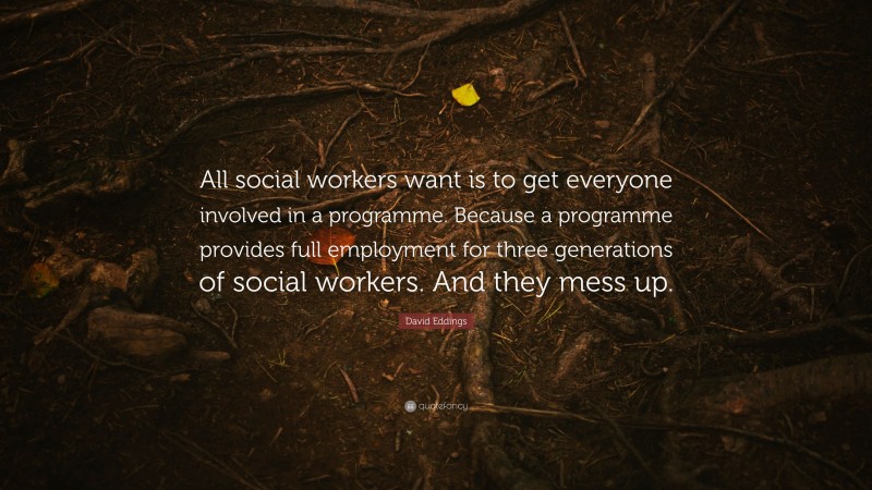 David Eddings Quote: “All social workers want is to get everyone involved in a programme. Because a programme provides full employment for three generations of social workers. And they mess up.”