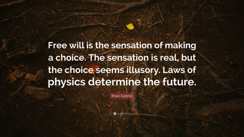 Brian Greene Quote: “Free will is the sensation of making a choice. The sensation is real, but the choice seems illusory. Laws of physics determine the future.”