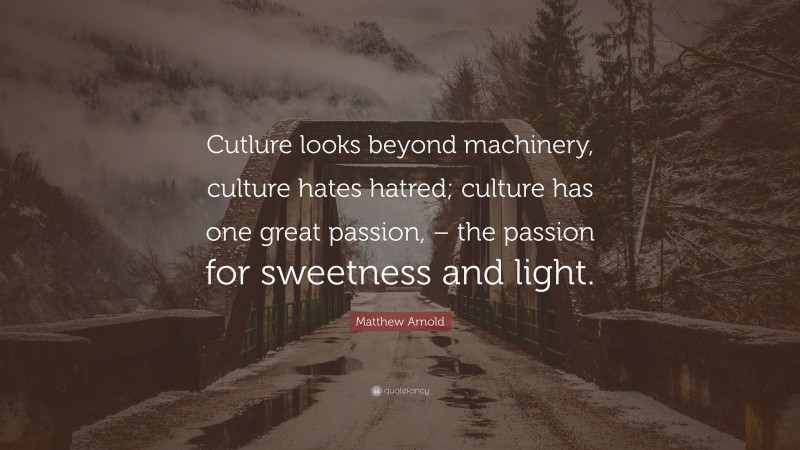 Matthew Arnold Quote: “Cutlure looks beyond machinery, culture hates hatred; culture has one great passion, – the passion for sweetness and light.”