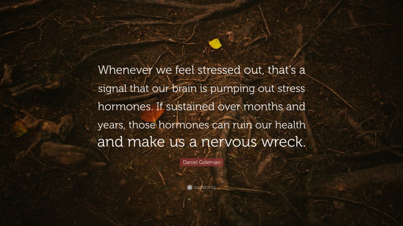 Daniel Goleman Quote: “Whenever we feel stressed out, that’s a signal that our brain is pumping out stress hormones. If sustained over months and years, those hormones can ruin our health and make us a nervous wreck.”