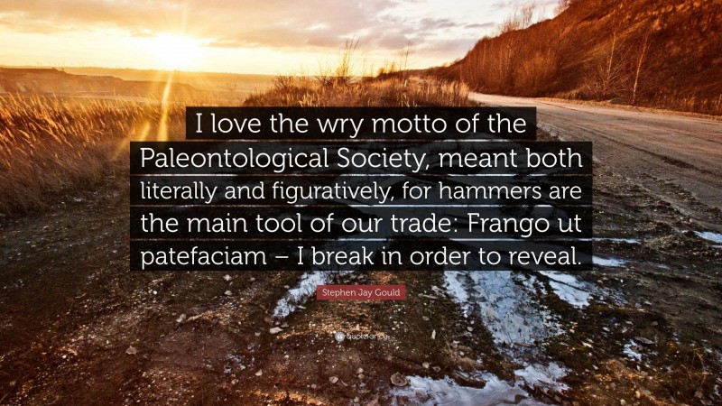 Stephen Jay Gould Quote: “I love the wry motto of the Paleontological Society, meant both literally and figuratively, for hammers are the main tool of our trade: Frango ut patefaciam – I break in order to reveal.”
