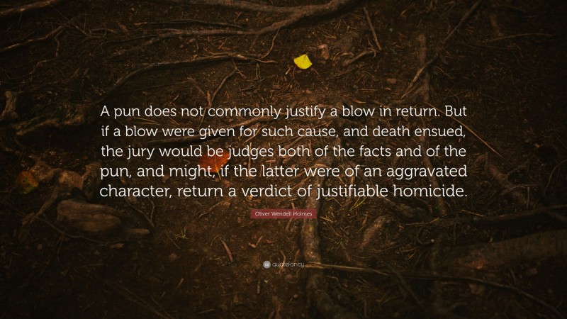 Oliver Wendell Holmes Quote: “A pun does not commonly justify a blow in return. But if a blow were given for such cause, and death ensued, the jury would be judges both of the facts and of the pun, and might, if the latter were of an aggravated character, return a verdict of justifiable homicide.”