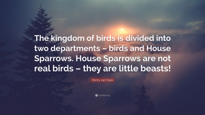 Henry van Dyke Quote: “The kingdom of birds is divided into two departments – birds and House Sparrows. House Sparrows are not real birds – they are little beasts!”